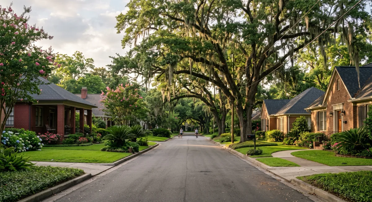 A live-oak-canopied Baton Rouge street of brick homes with crape myrtles in bloom