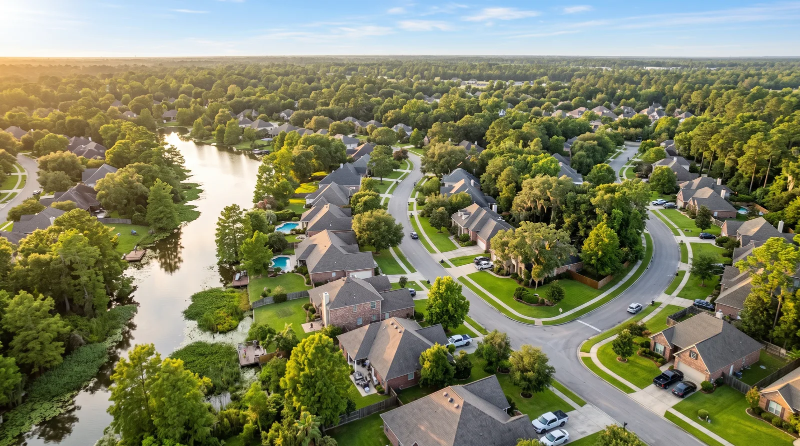 Aerial view of a lakeside Baton Rouge neighborhood with brick homes and mature trees