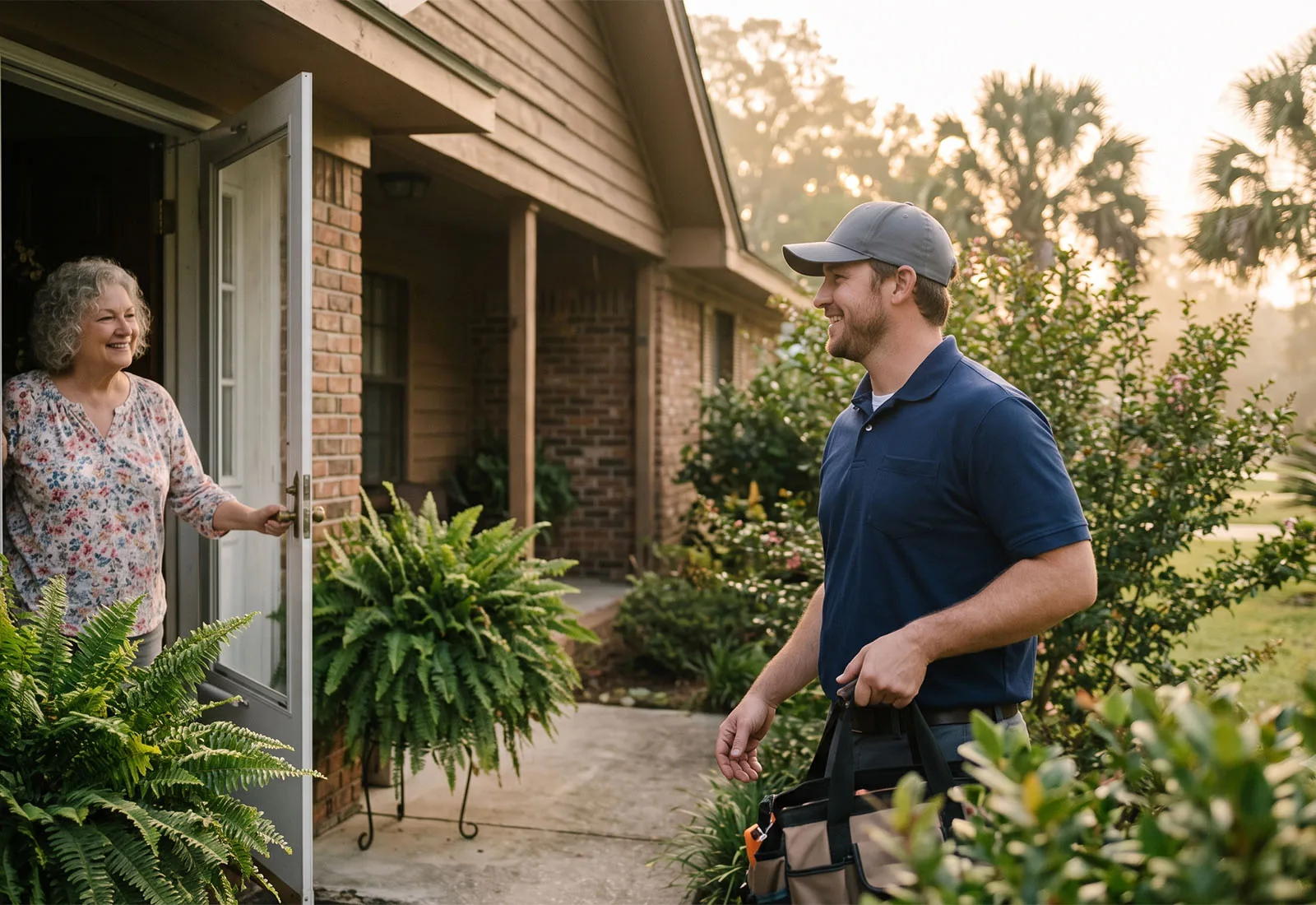 A CMGT Fix-It Squad maintenance technician arriving with a tool bag to help a homeowner at a Greater Baton Rouge home