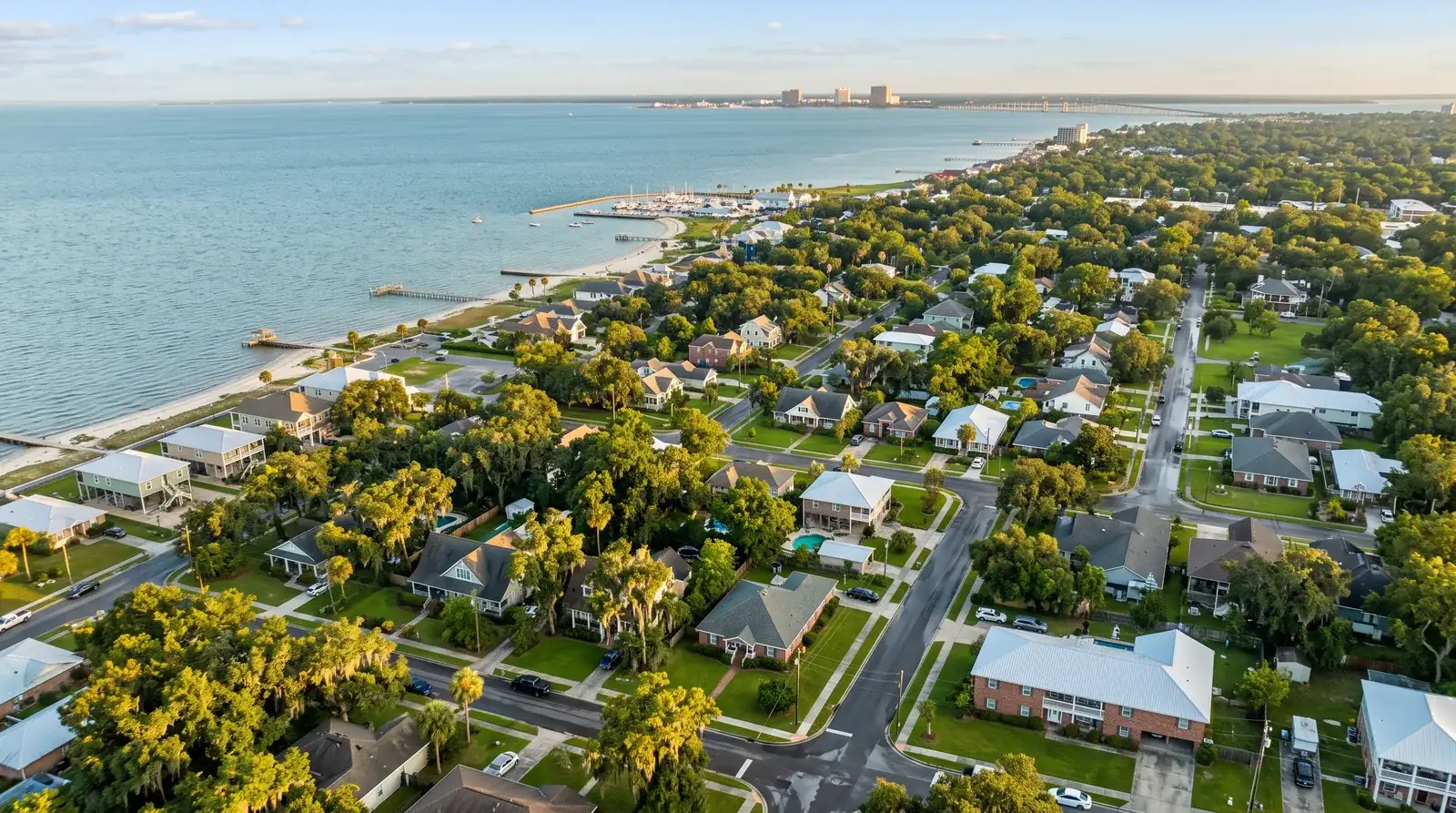 Aerial view of a Biloxi waterfront neighborhood along the Mississippi Gulf Coast