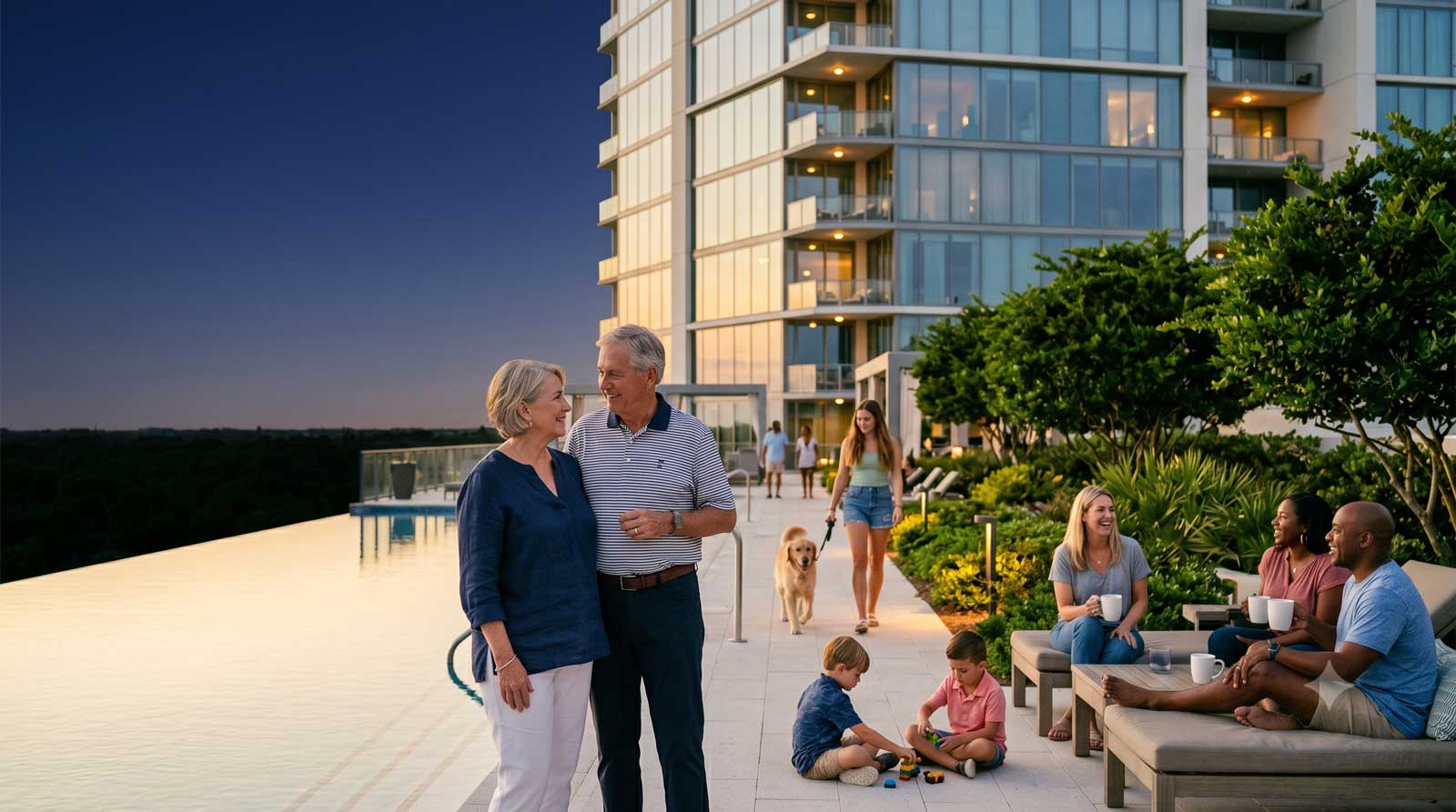 A wide exterior view of a Gulf South high-rise condominium community against a clear coastal sky