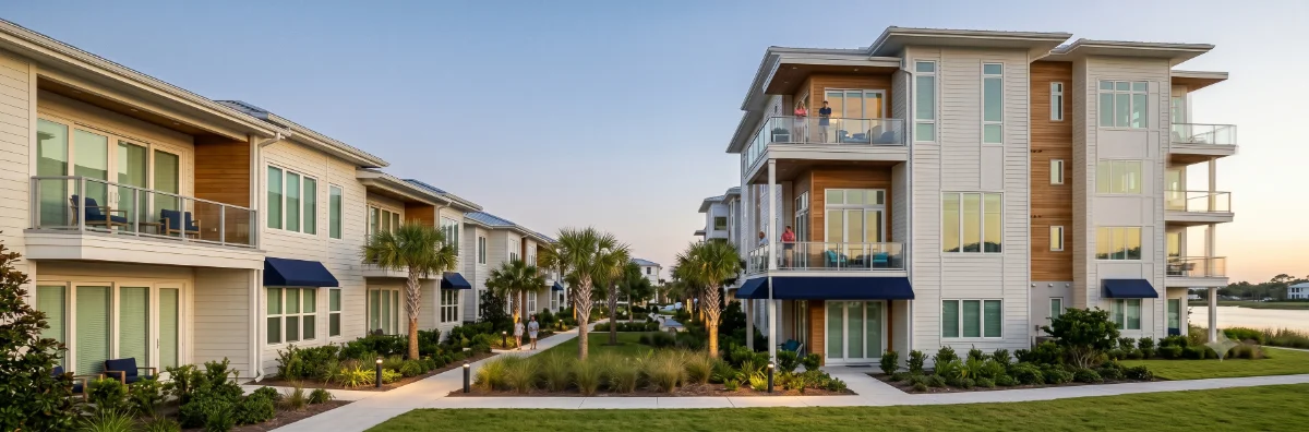 A Gulf South condominium and townhome community — a mid-rise building with balconies and shared grounds under a clear coastal sky