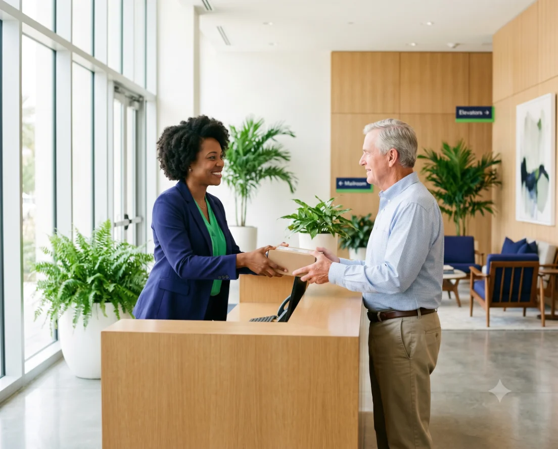 An on-site CMGT staff member greeting a resident in the staffed lobby of a Gulf South condominium building