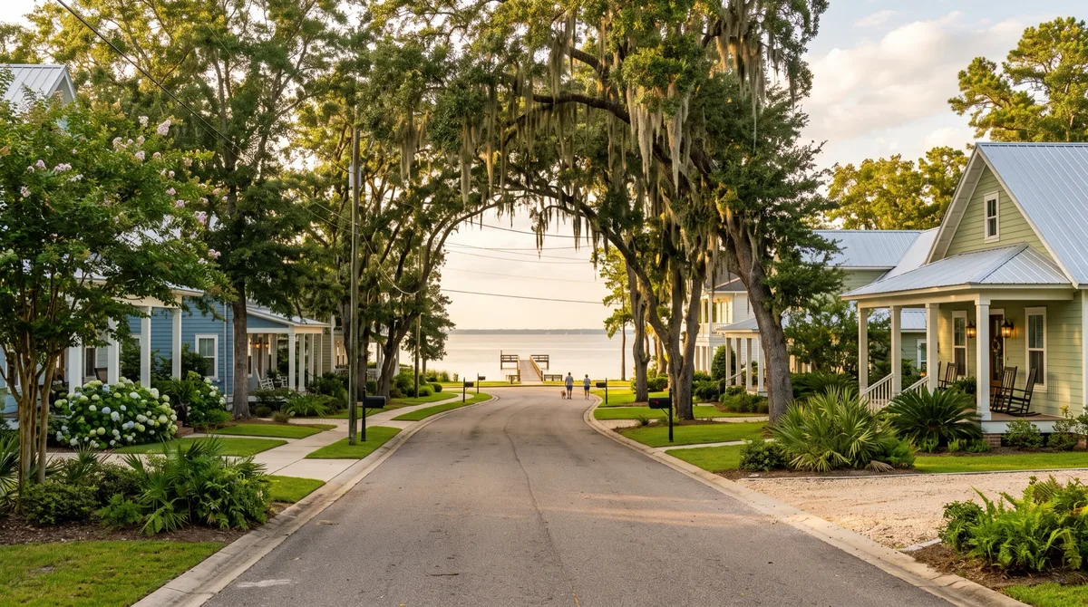 A tree-lined Eastern Shore street in a Daphne community leading down to a pier on Mobile Bay