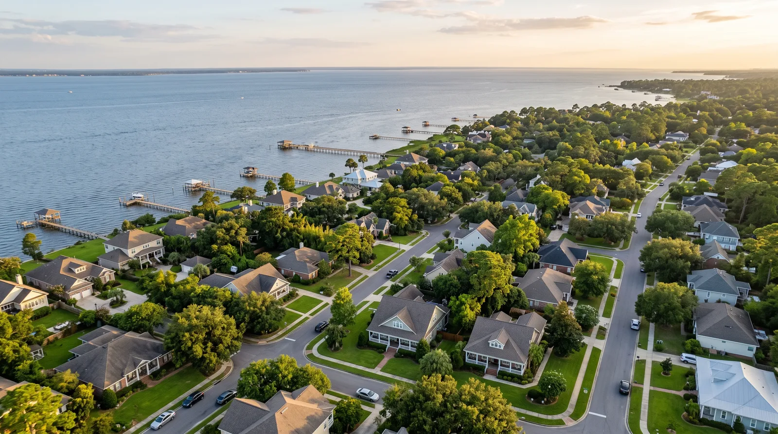 Aerial view of a waterfront residential community on the Alabama Gulf Coast near Daphne