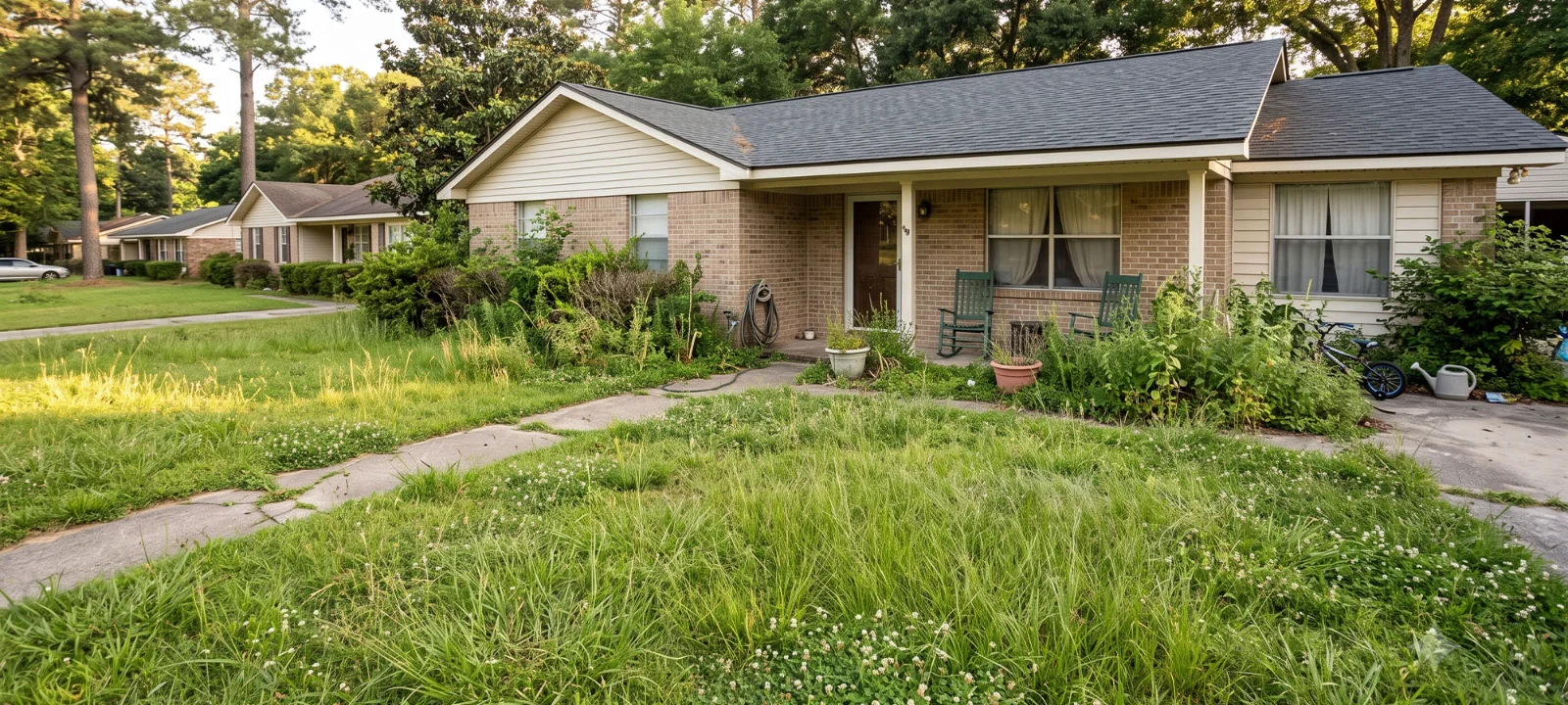 A CMGT community manager and a homeowner talking easily on a front porch — enforcement handled through conversation, not confrontation