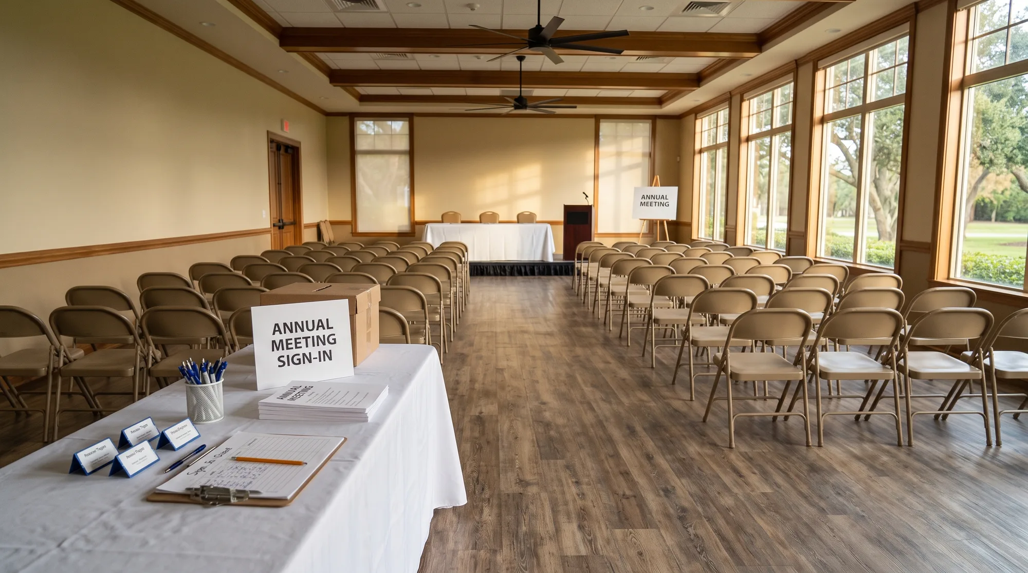 A Gulf South community clubhouse room set up for an HOA annual meeting, with a sign-in table, agendas, a ballot box, and rows of chairs facing the front table and podium