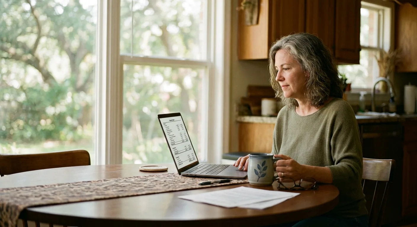 A homeowner reviewing HOA financial statements on a laptop at her kitchen table