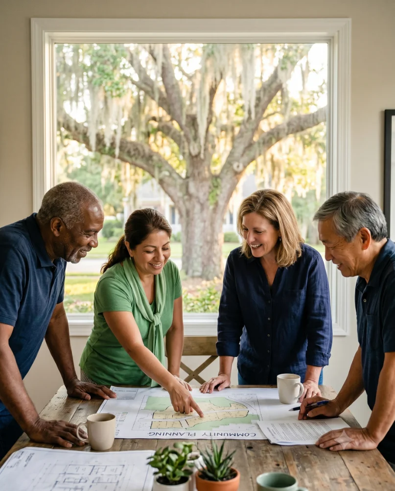 Friendly HOA board members and neighbors gathered outside their community clubhouse