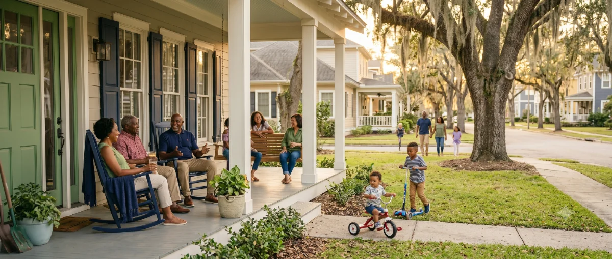 A wide landscape view of a Gulf South residential neighborhood at golden hour
