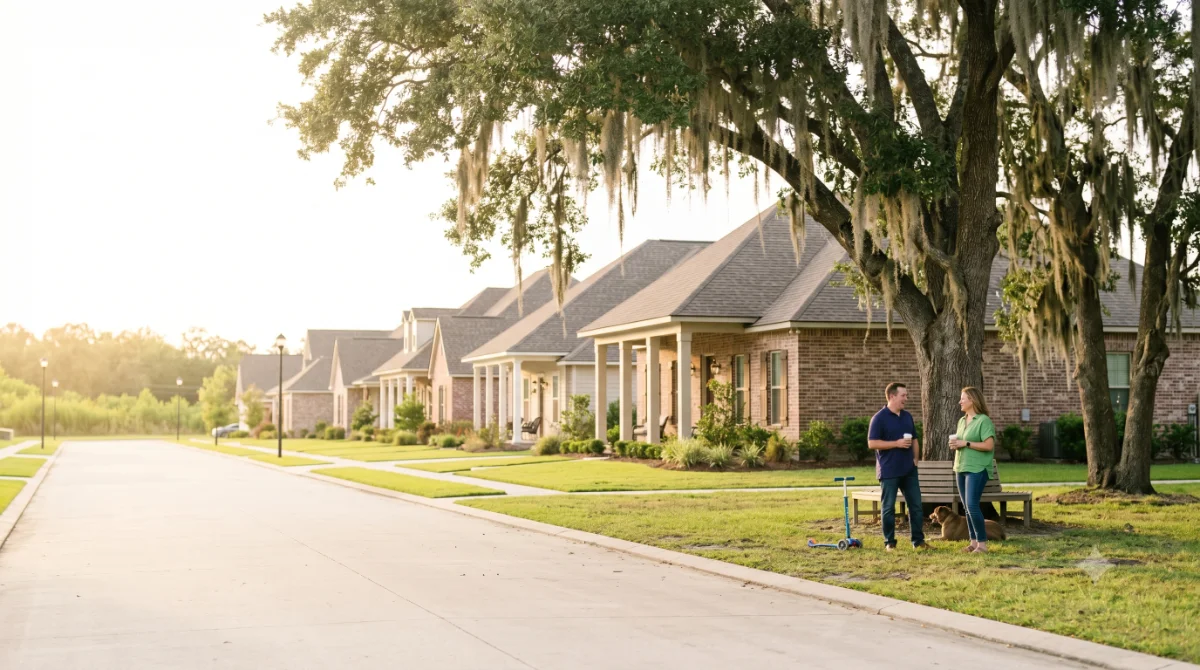 A wide view of a Gulf South single-family, master-planned community with tidy homes and landscaped common areas