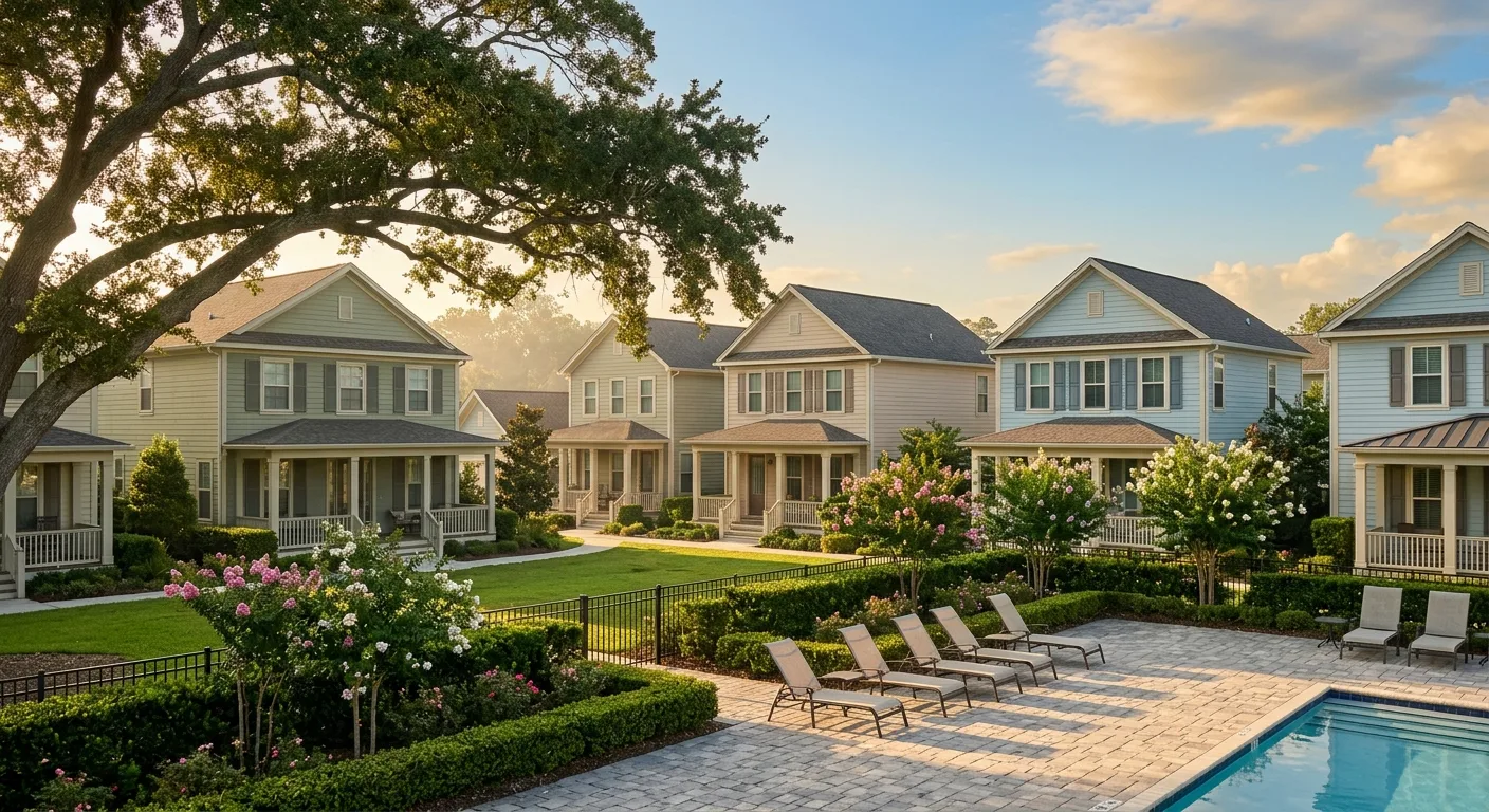 A well-kept Gulf South community with townhomes, a pool, and landscaped common areas covered by an HOA master insurance policy