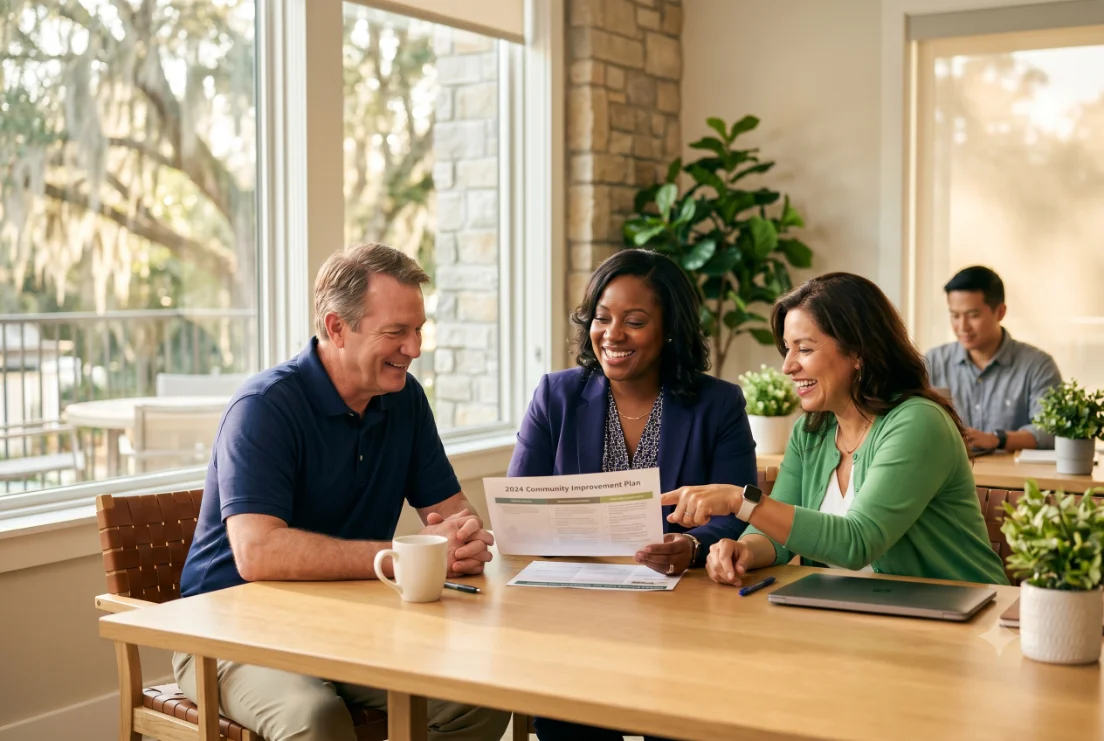 A CMGT community manager reviewing documents with HOA board members around a table
