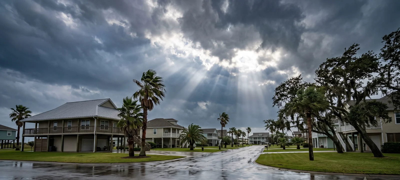 A Gulf South community standing intact under a dramatic, storm-darkened sky as a hurricane approaches the coast