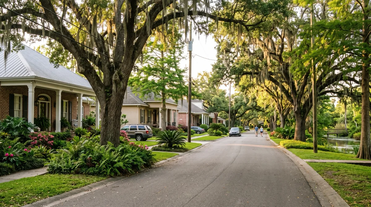 A live-oak-lined Acadiana street in a Lafayette community with brick homes along a bayou