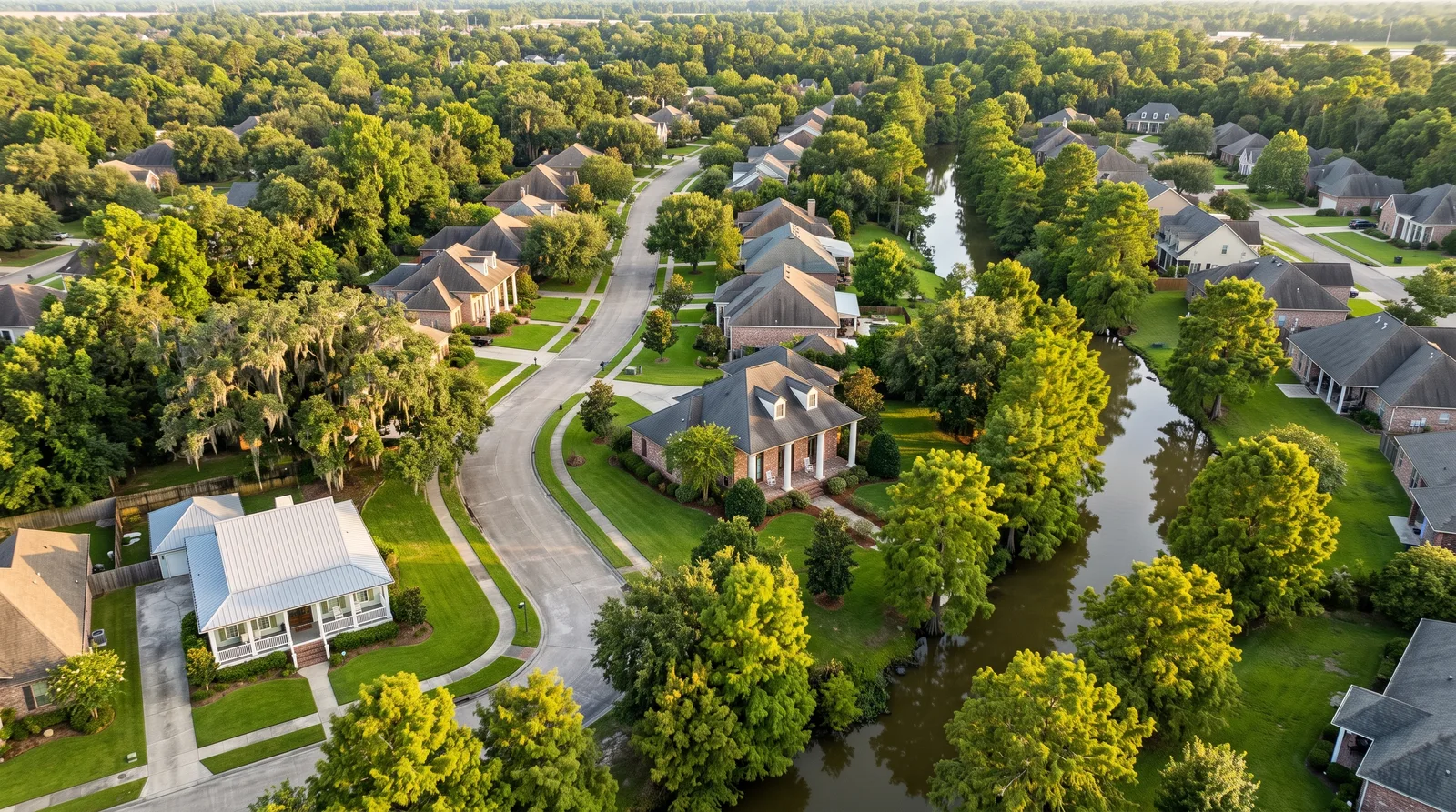 Aerial view of an Acadiana neighborhood with brick homes along a bayou near Lafayette