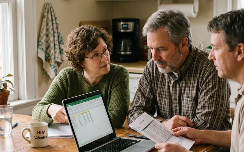 Three HOA board members reviewing a budget spreadsheet on a laptop at a kitchen table