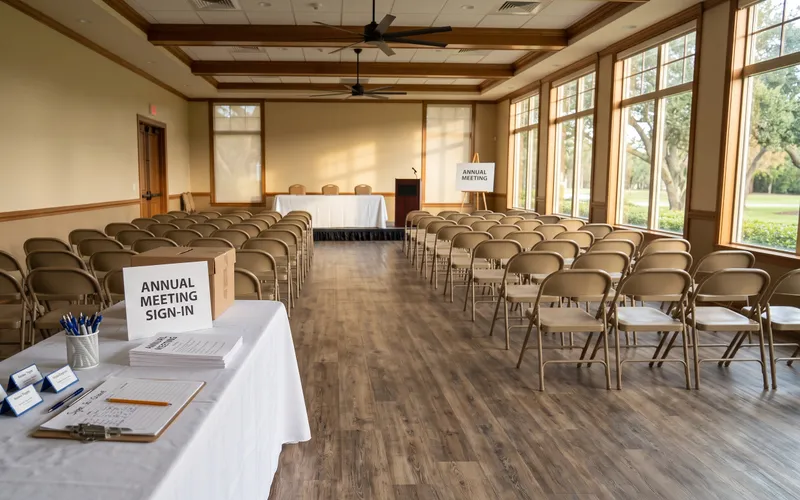 A Gulf South community clubhouse room set up for an HOA annual meeting, with a sign-in table, agendas, a ballot box, and rows of chairs facing the front table and podium