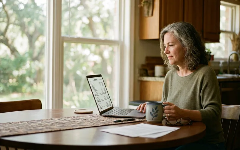 A homeowner reviewing HOA financial statements on a laptop at her kitchen table
