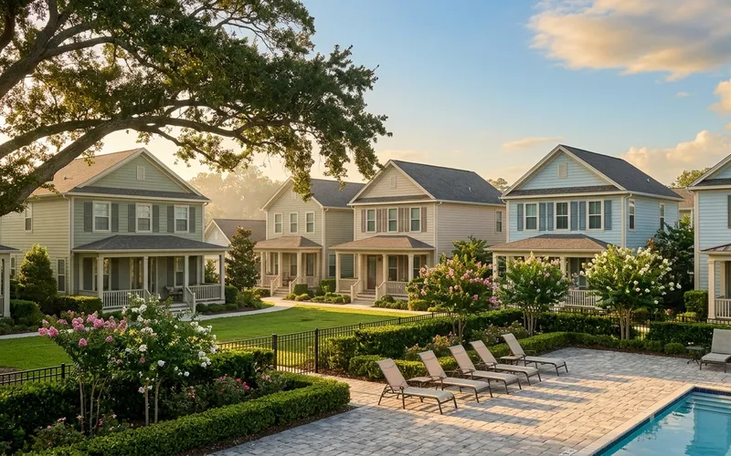 A well-kept Gulf South community with townhomes, a pool, and landscaped common areas covered by an HOA master insurance policy