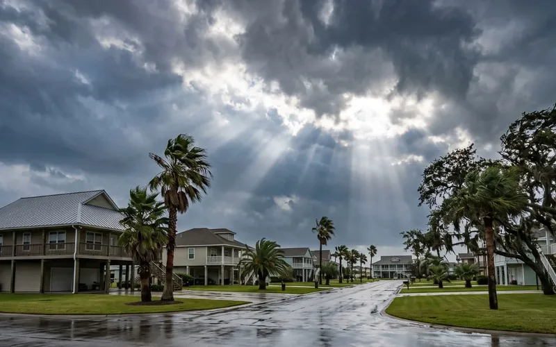 A Gulf South community standing intact under a storm-darkened sky