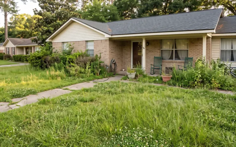 An overgrown front lawn on an otherwise tidy residential street