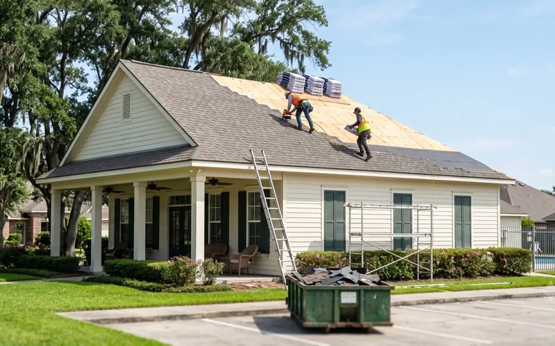 Roof replacement underway on an HOA clubhouse