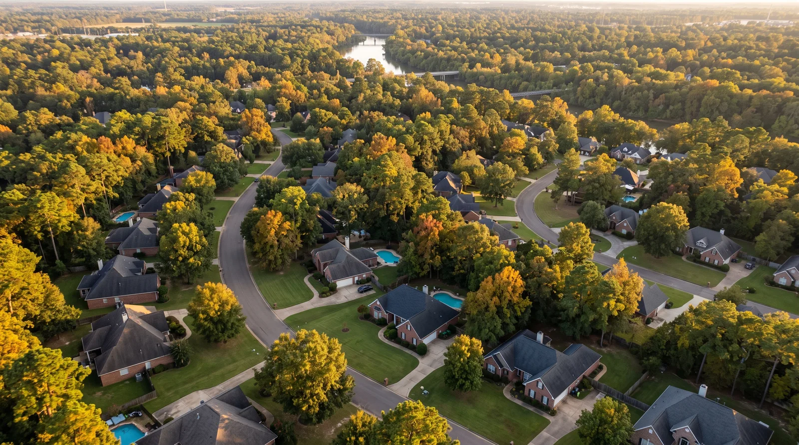 Aerial view of a wooded North Louisiana neighborhood with brick homes near Shreveport