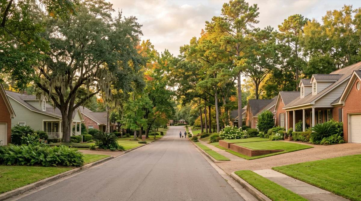 A tree-lined residential street in a North Louisiana community CMGT manages near Shreveport