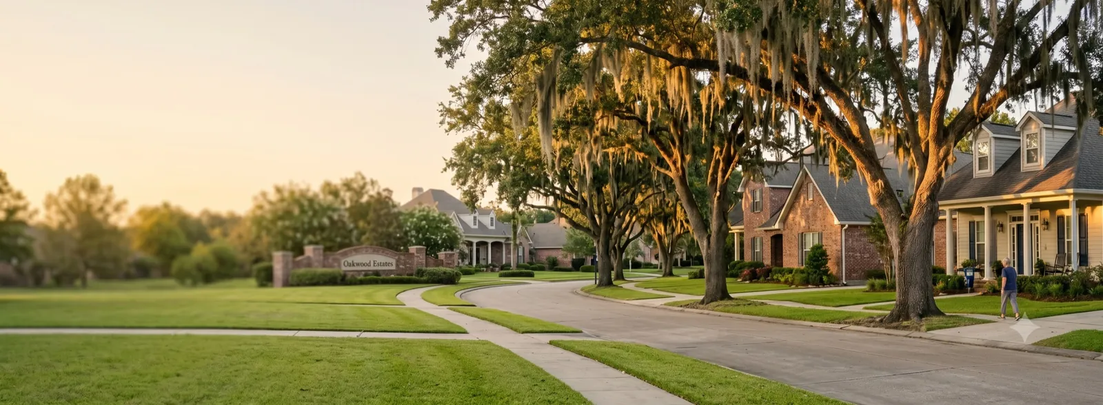 A founding-era Gulf South community at golden hour — manicured streetscape with live oaks